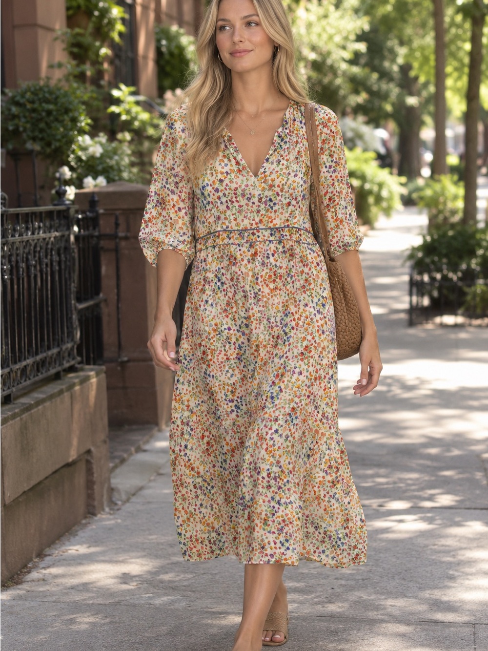 ba&sh Cream Floral V-Neck Midi Dress